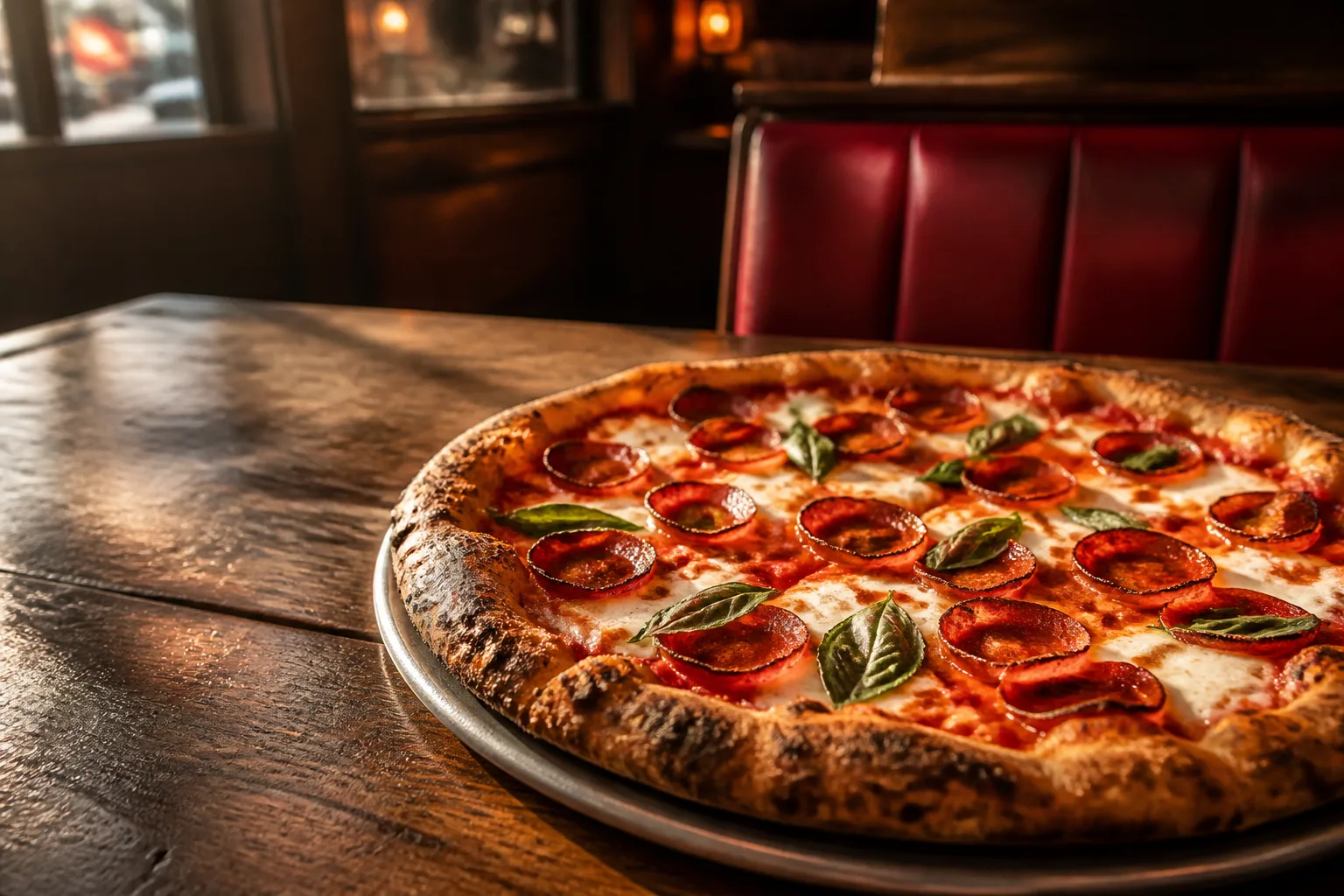 Pepperoni and basil pizza at Luigi's Italian Restaurant in Pacifica, California